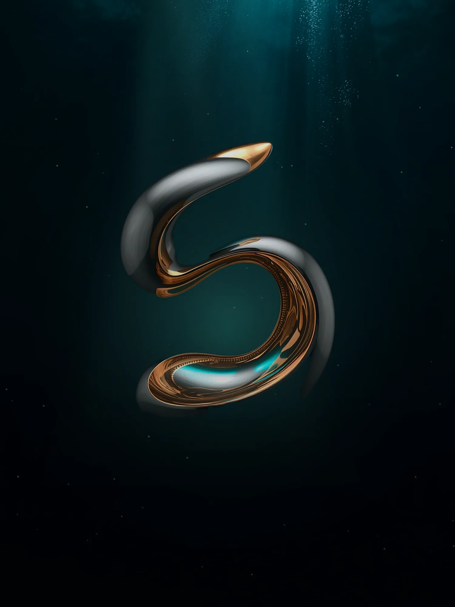 Saltwater Studio — a molten-chrome studio mark suspended in deep water, the studio's "Depth, by design" signature